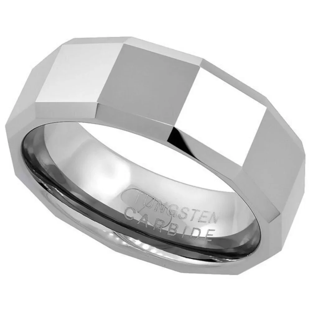 Tungsten Carbide 8 mm Faceted Flat Wedding Band